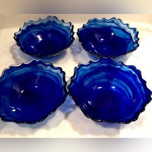 4 Blue swirl glass bowls. 6” made in Turkey. Art of Table Top by Arda Cam.
